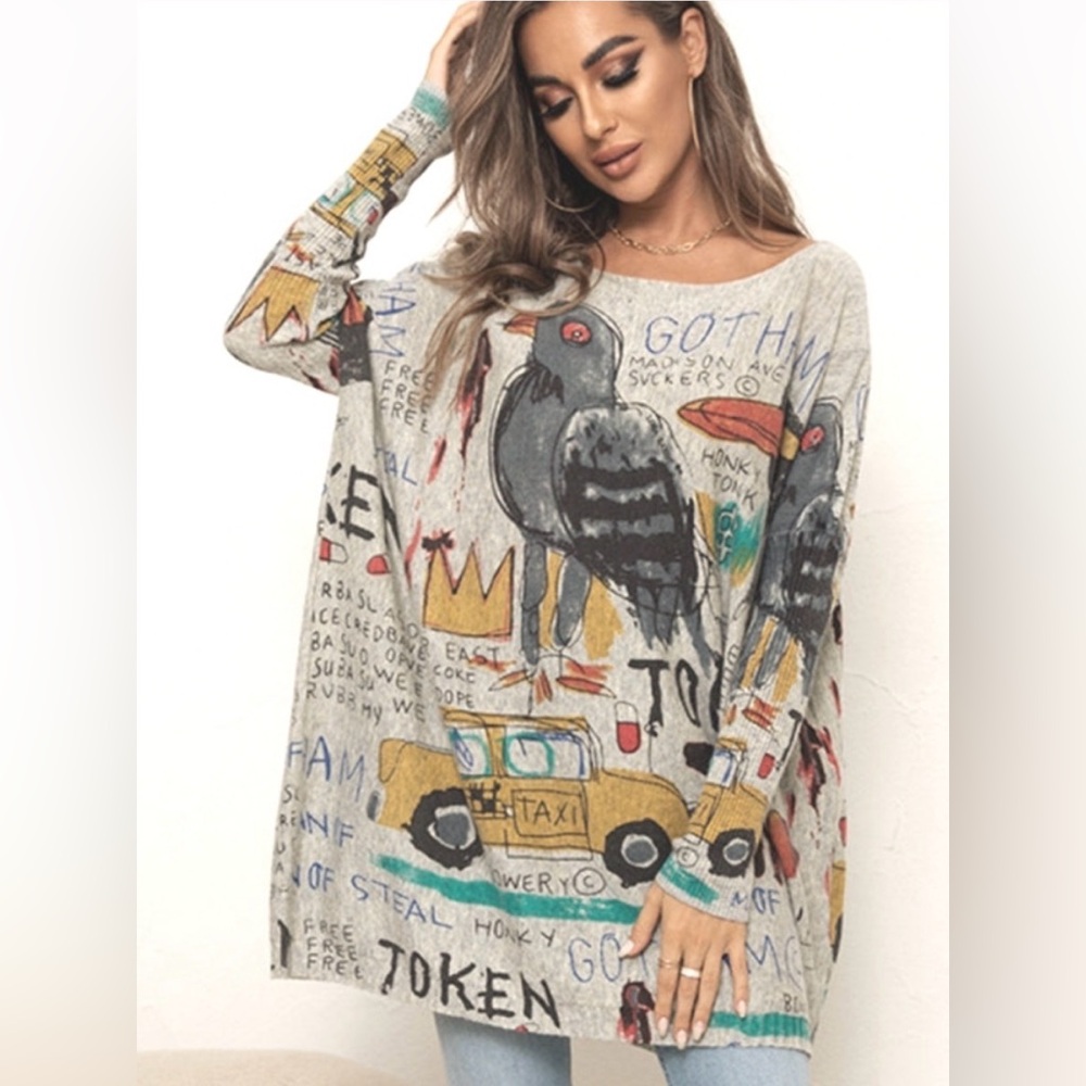 XIKOI Drawings Sweater Artistic Graphic Crew Neck Sweater Size L/XL